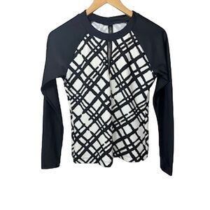 LA BLANCA Women's Geometric Print Long Sleeve Rash Guard Swim Top Black Size XS